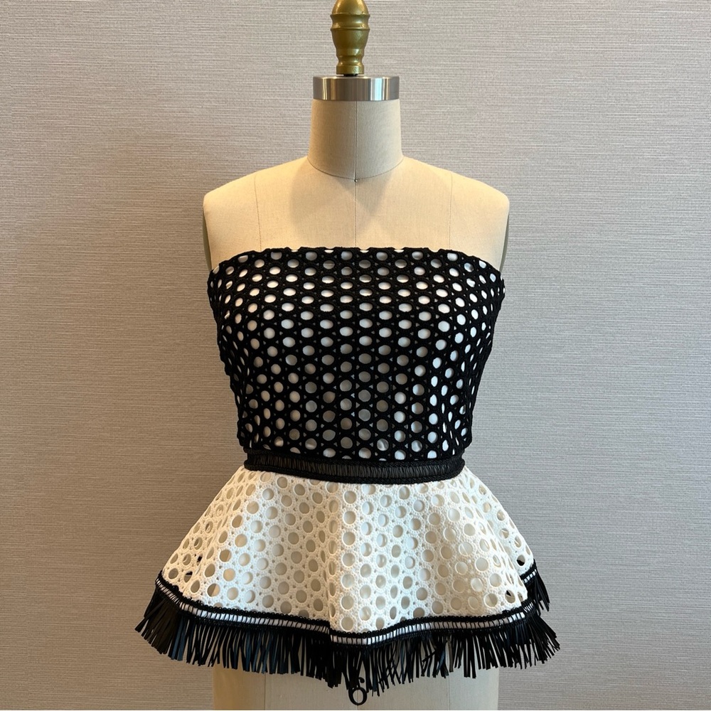ALEXIS Kailey Peplum Top Strapless Blouse Sz M Embroidered Fringe